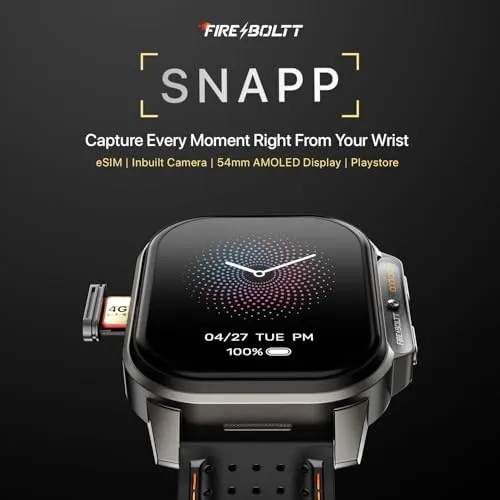 Fire-Boltt Snapp Smart Watch, Selfie Camera, 4G Nano-SIM Slot, 54.1mm AMOLED Display, Play Store- Unlimited apps, 1000mAh Battery, 2GB/4GB RAM   16GB/64GB ROM (Black Storm)