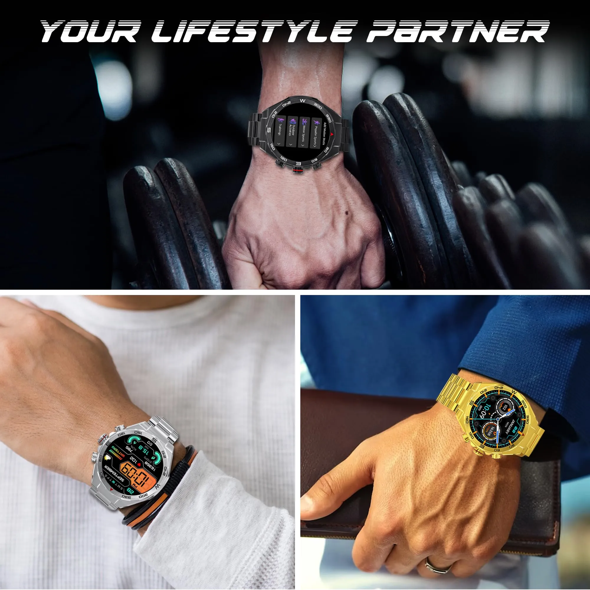 GIZMORE IKON Luxe 3.93cm (1.55) FHD Display | AOD with 600 NITS I Active Crown & 3 Buttons Control | IP68 | Zinc Alloy Metal Body | 15 Days Battery & 120 Sport Modes I BT Calling Smartwatch (Silver)