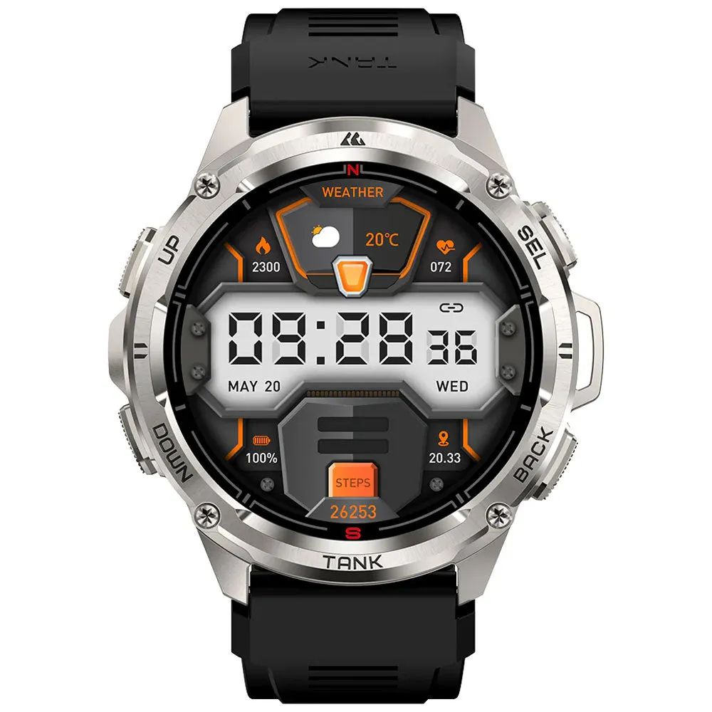Kospet Tank T3 Ultra Smart Watch Silver Stainless Steel Case With Black Silicone Strap
