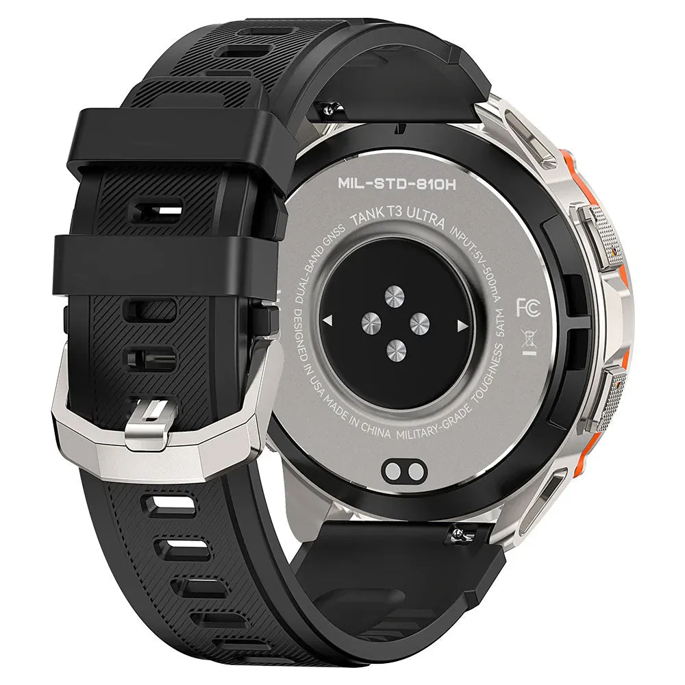 Kospet Tank T3 Ultra Smart Watch Silver Stainless Steel Case With Black Silicone Strap