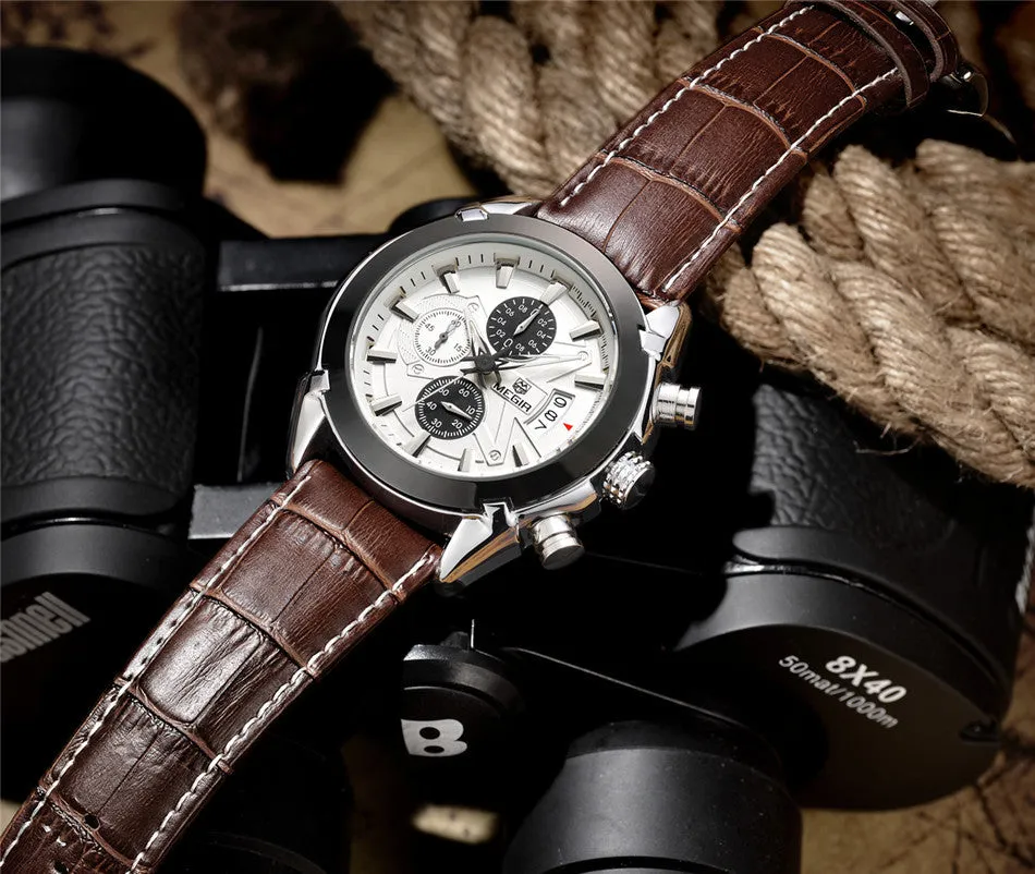 Luxury MEGIR Brand Genuine Leather Watches Chronograph 6 Hands 24 Hours Function Quartz Watch Men Wristwatch