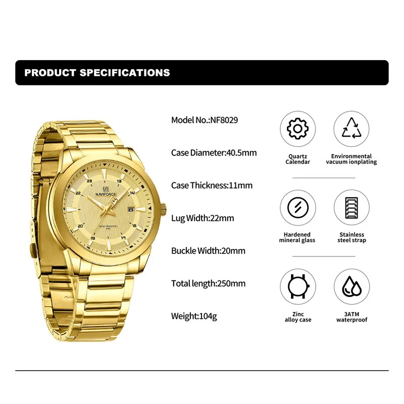 NAVIFORCE NF8029 New Luxury Men Watches Business Luminous Date Clock Stainless Steel Waterproof Male Quartz Wristwatches Reloj Hombre