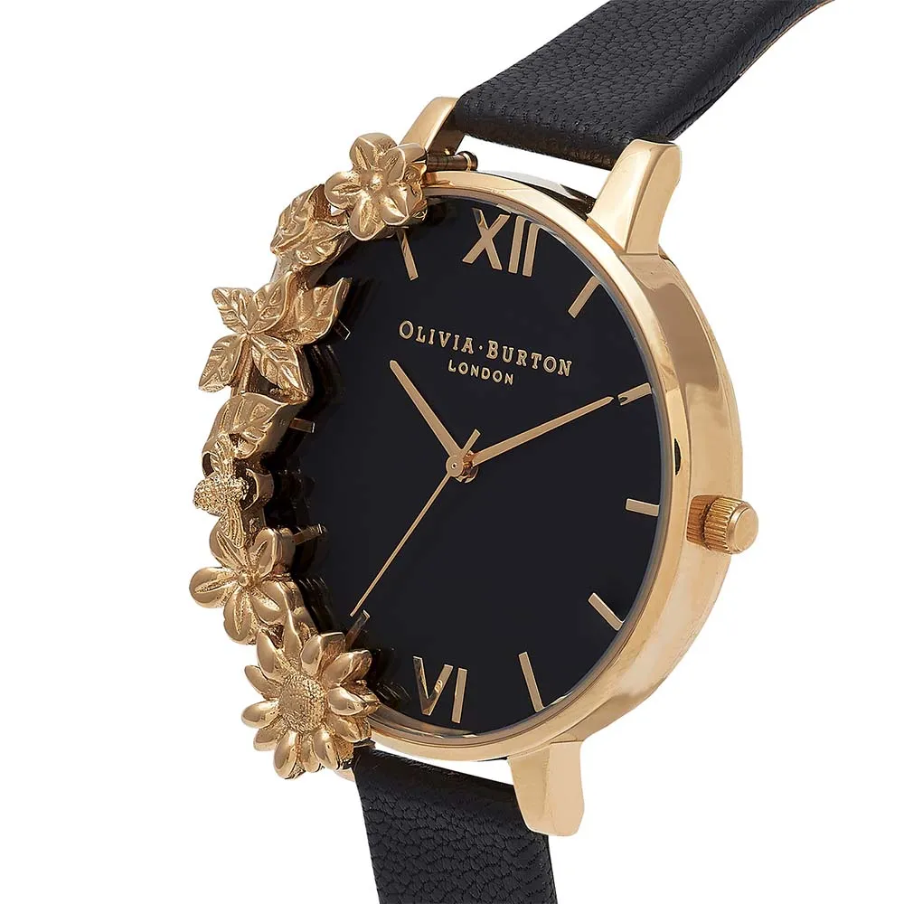 OB16CB07 Olivia Burton Womens Floral Black Leather Watch