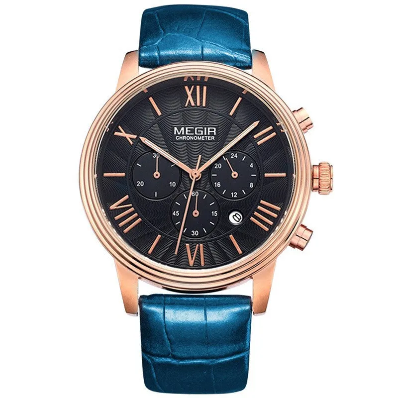Orginal MEGIR Chronograph 6 Hands 24 Hours Function Men Top Luxury Brand Watch Genuine Leather Men Business Watch Casual Watch