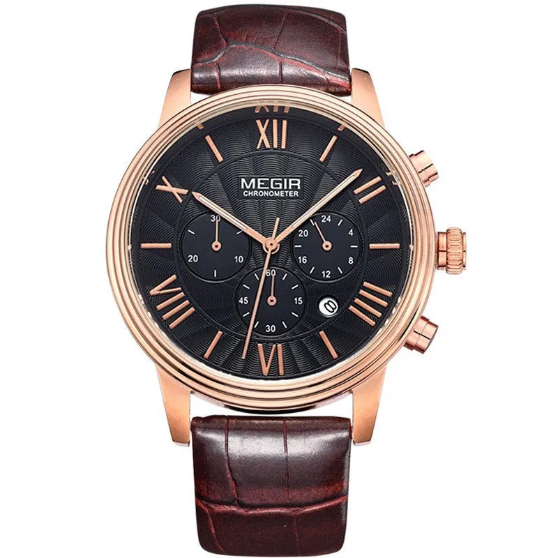 Orginal MEGIR Chronograph 6 Hands 24 Hours Function Men Top Luxury Brand Watch Genuine Leather Men Business Watch Casual Watch